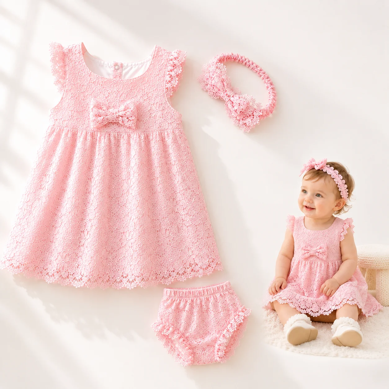 Baby Girl Lace Dress Set Summer Princess Party Outfit with Bloomers Headband Birthday Clothes 9-24M