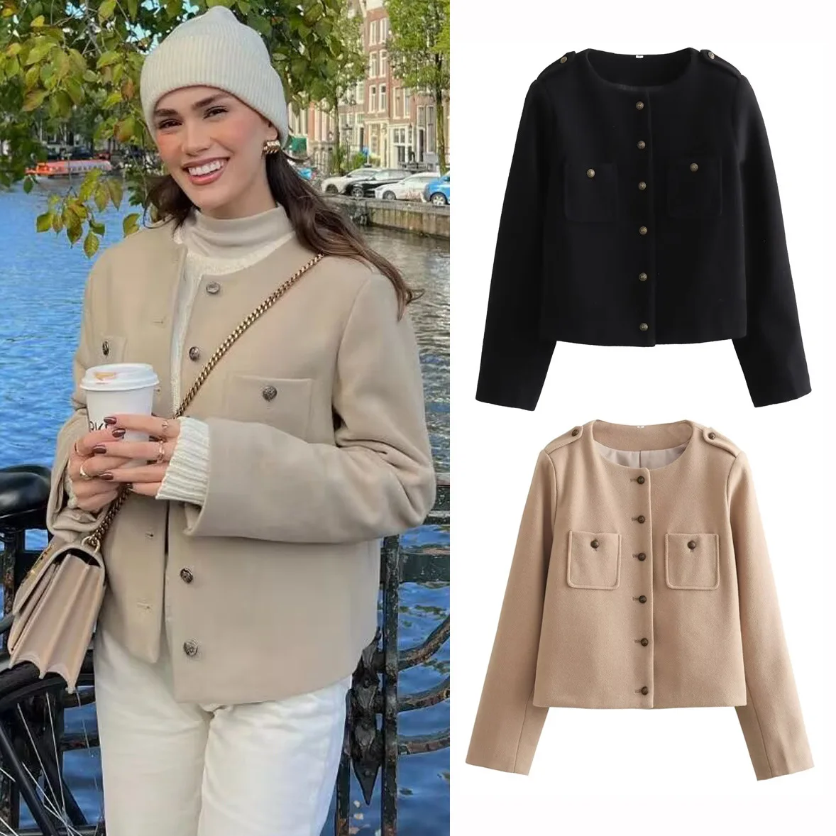 

Pocket Decoration Soft Short Long-sleeved Jacket Women's 2025 Spring and Autumn New Single-breasted Round Neck