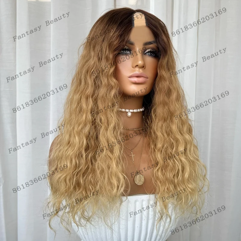 # 4 جذور بنية أومبير العسل البني شعر بشري مجعد 1x4 U جزء الباروكات للنساء السود غلويليس طويل موجة عميقة U جزء الباروكات سهلة ارتداء #2