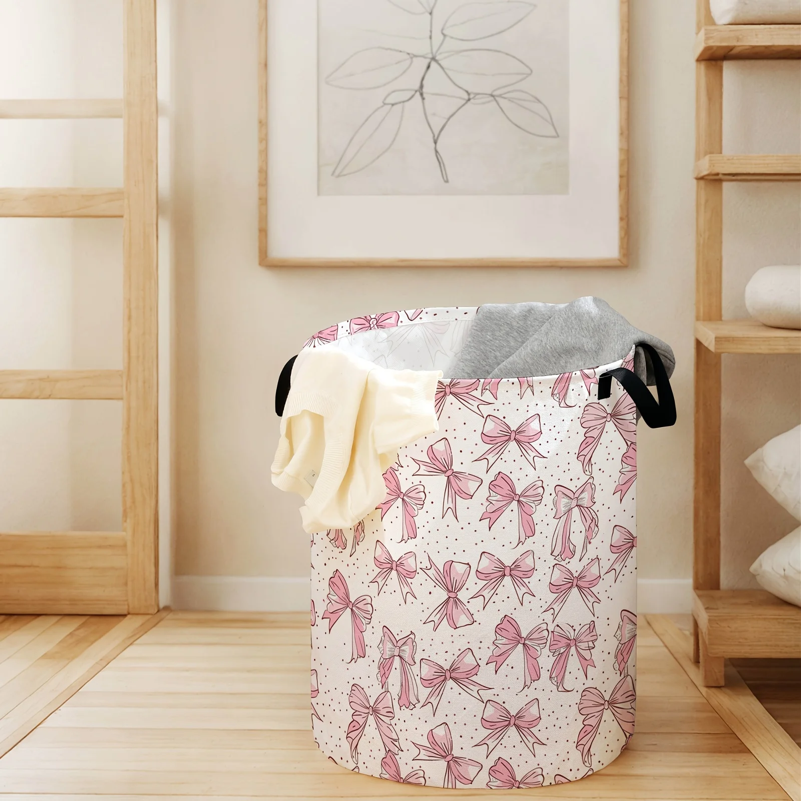A Storage Box with a Pink Bow Pattern Suitable for Room Decoration Baskets And Bedrooms This Round Storage Box Is Versatile