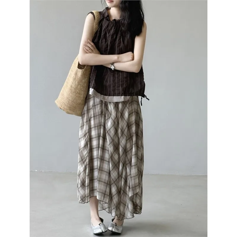 

Johnature Japanese Harajuku Style Striped Vest Set Women Summer Check Irregular Casual Women Skirt Two-piece Sets