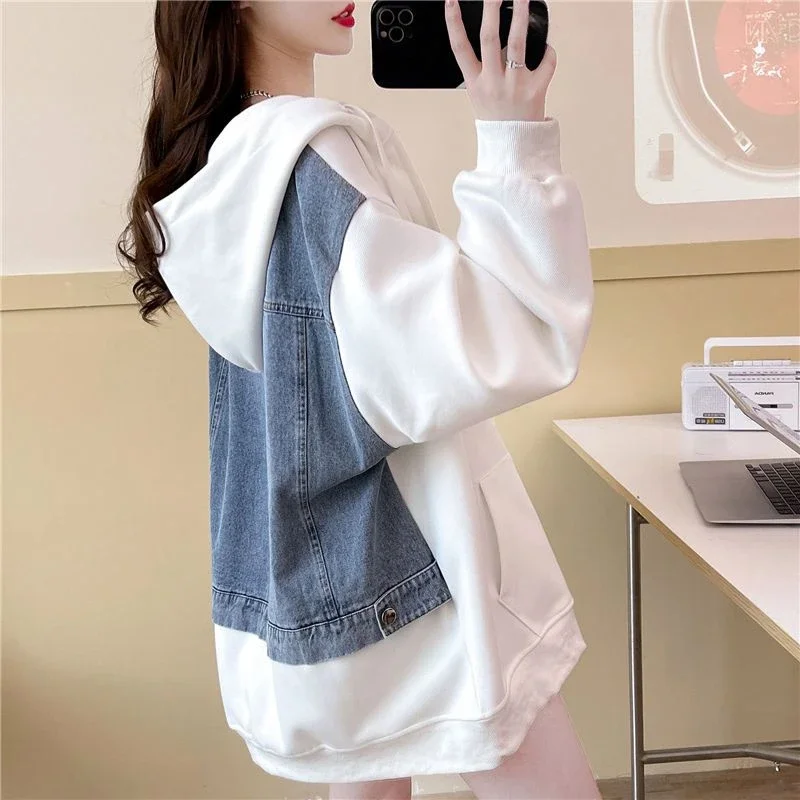 With Zipper Baggy Black Woman Clothing Full Zip Up Hooded Grey Long Splicing Hoodies Women\'s Sweatshirt Top Loose Matching Kpop