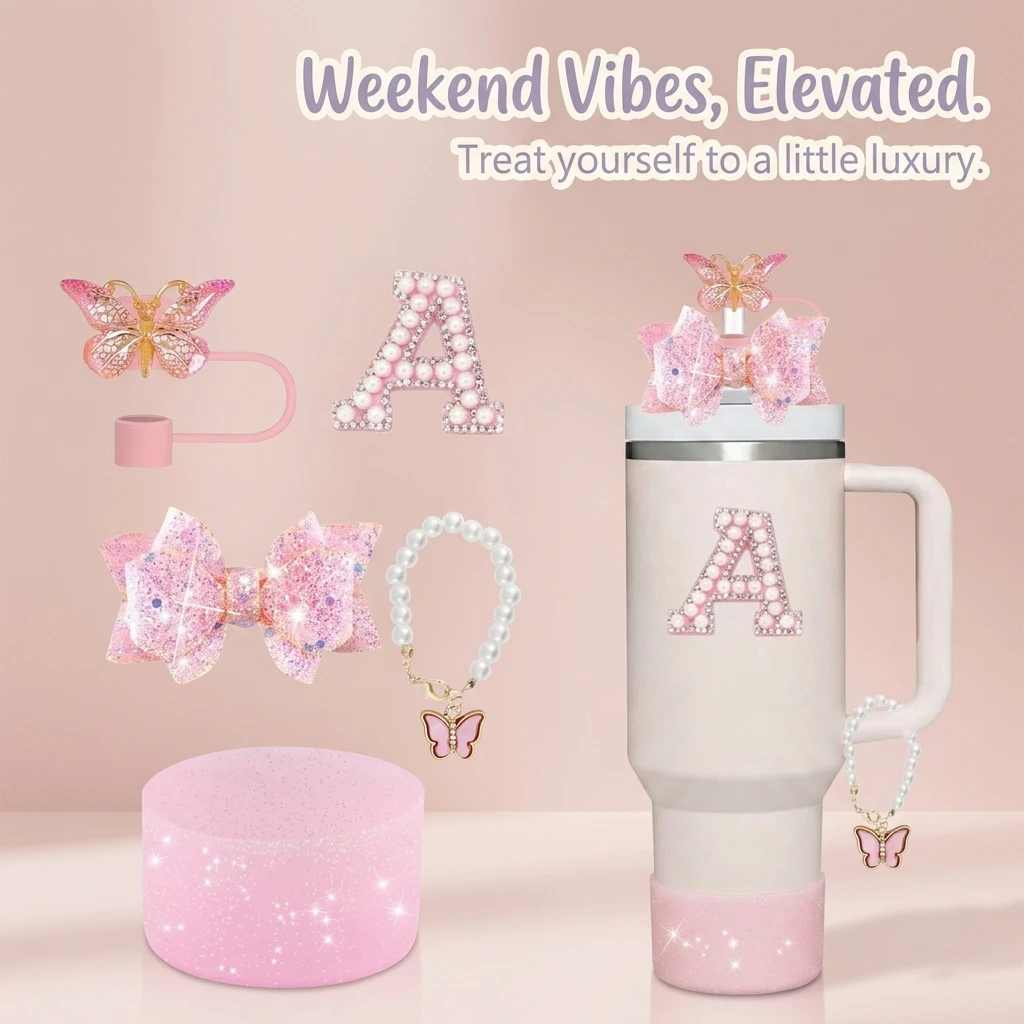 5pcs Tumbler Accessories Set for Stanley 40oz Cup with Handle, Perfect Gift, Pink Coquette Bling Style Water Bottle Decor