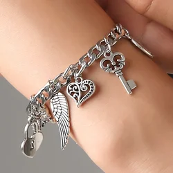 LossTower Vintage Silver Color DIY Elephant Heart Lock Key Bangle Flower Star Wings Fashion Pendant Charm Bracelet for Men Women