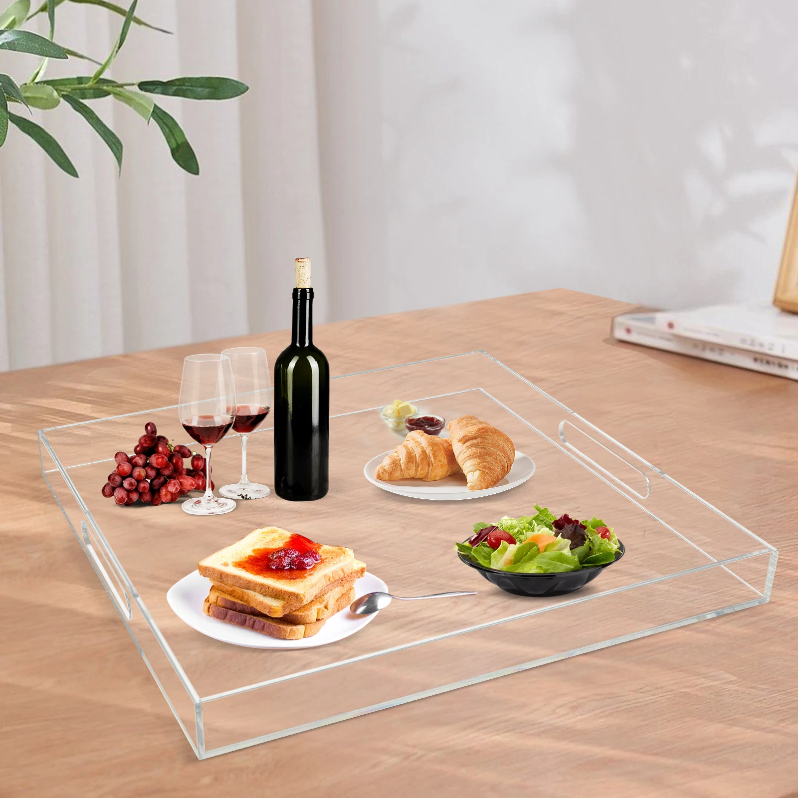 

Square Clear Acrylic Serving Tray 18.9X18.9 Inches with Handles Spill Proof