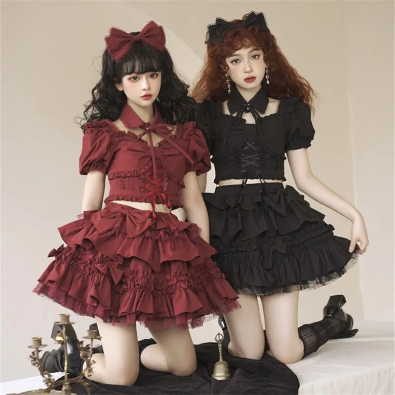 Woman Lolita Set Japanese Style Gothic Blouse Skirt Suit Summer Sexy Lolita Dress Ruffled Lace-up Skirt Sweet Fake Collar Top