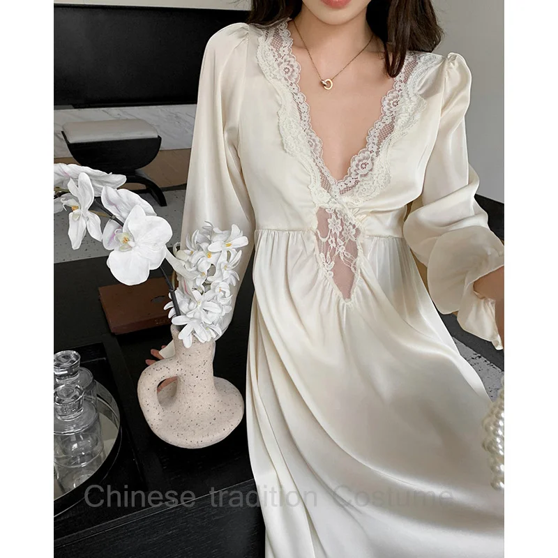 Vintage Palace Style Nightgown Lady Sexy V-Neck Sleepwear Homewear Rayon Nightdress Women Spring Summer New Lingerie Sleepdress