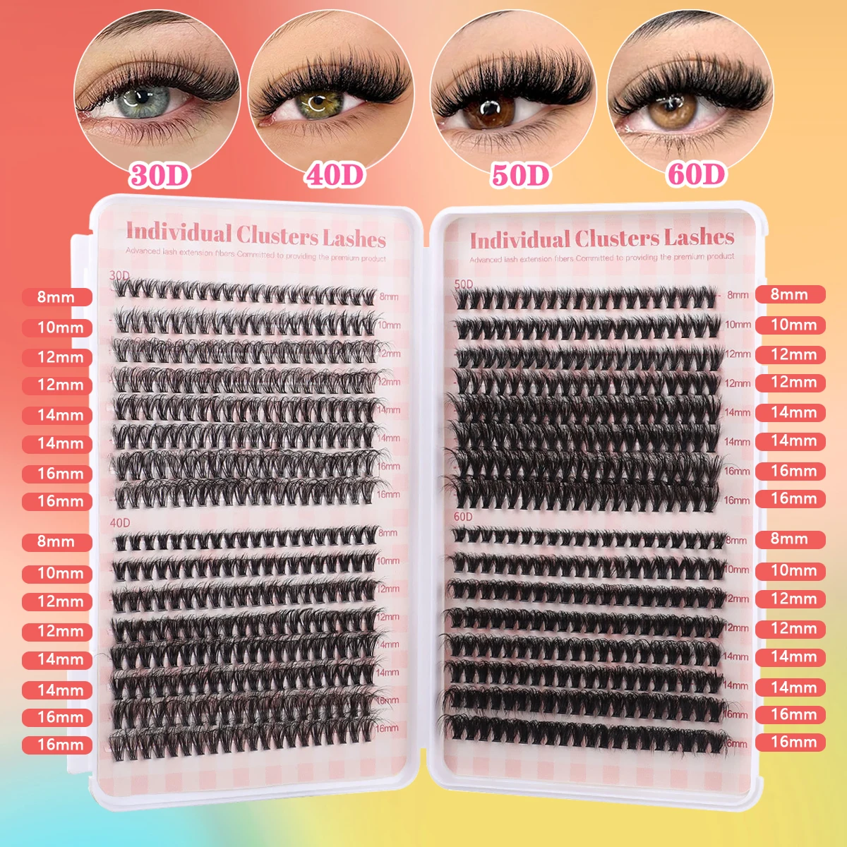 Individual Lashes 30-150D 640pcs Cluster Lashes Natural Look Mixed Tray DIY Eyelash Extension Volume Lash Clusters Eyelashes