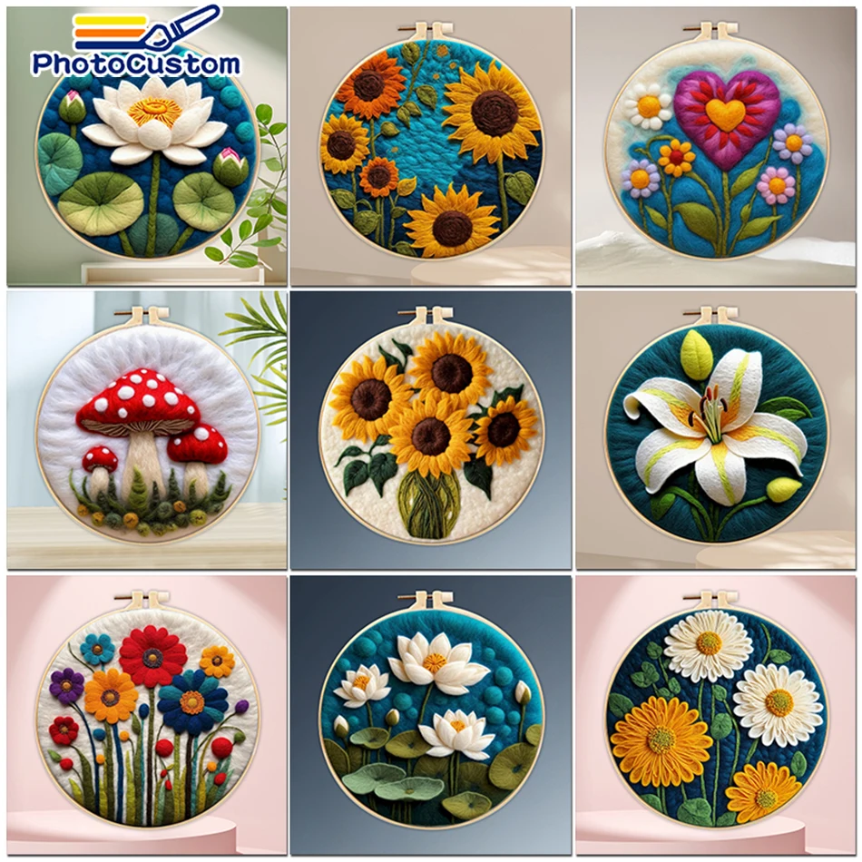 Kit de Feutrage en Laine Photo-Personnalisé avec Cadre de 20x20cm, pour Débutants, Fleur, Exécutif, Bricolage, Artisanat Fait à la Main, pour Décoration de la Maison, Cadeau