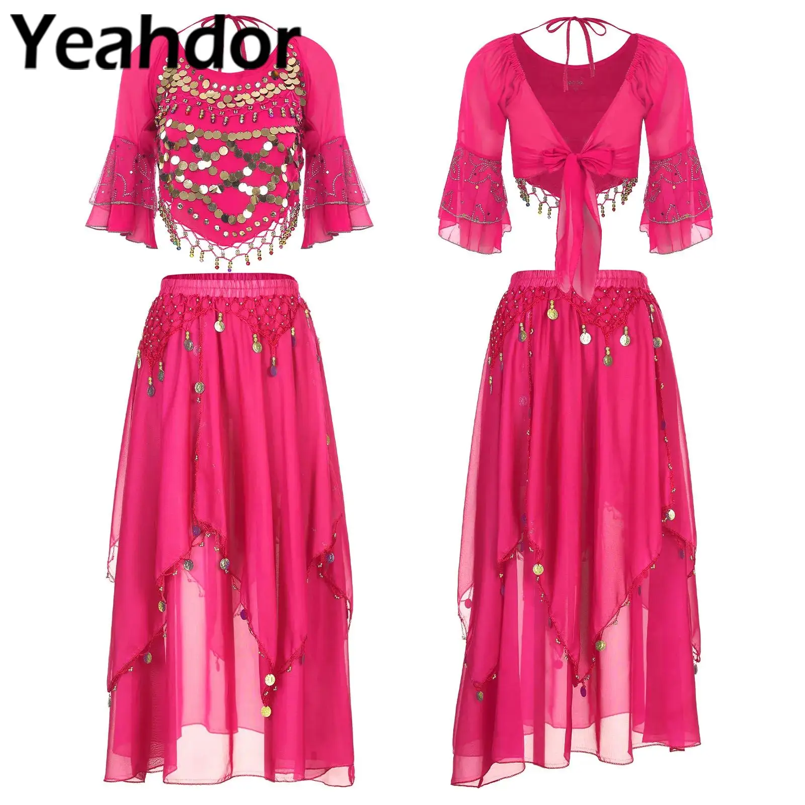Set di danza del ventre da donna Completo di danza indiana Manica svasata Orlo irregolare Paillettes Crop Top con gonna in chiffon per spettacoli teatrali