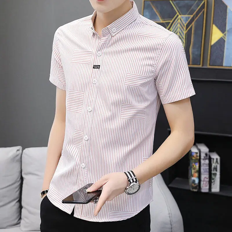 2024new Summer Fashion Korean Stripe Print Fashion Brand Short Sleeve Flip Collar Business Slim Fit Men\'s Professional Shirt