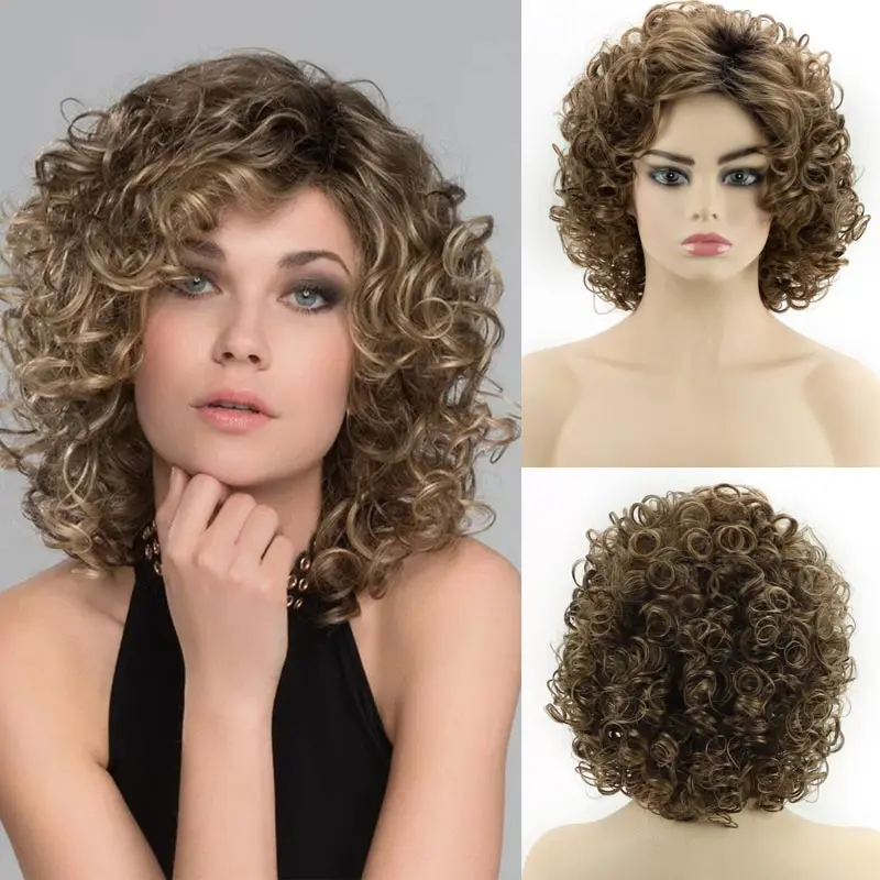 Perucas sintéticas encaracoladas curtas para mulheres, cabelo afro encaracolado, peruca de festa vestido extravagante, cabelo castanho