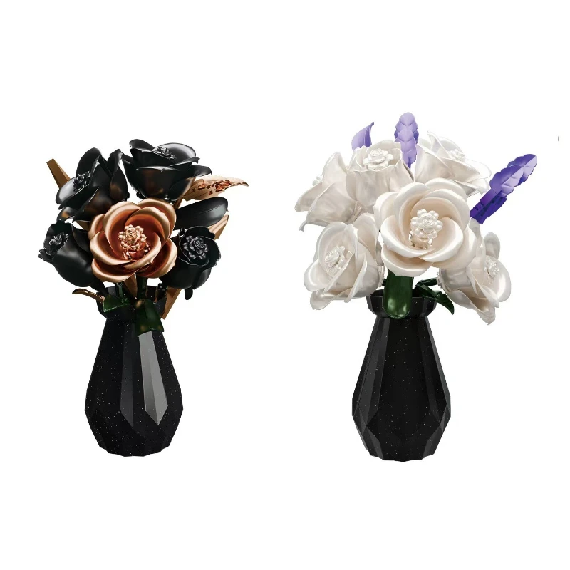 

2026 Black Gold White Rose Building Blocks Set with Vase Home Art Ornament Plant Flower Toy for Kids Girls Birthday Gift