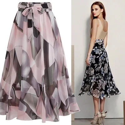 

Женская пляжная шифоновая юбка-миди очень большого размера со снежинками, универсальная юбка трапециевидной формы со средней талией и цветочным принтом