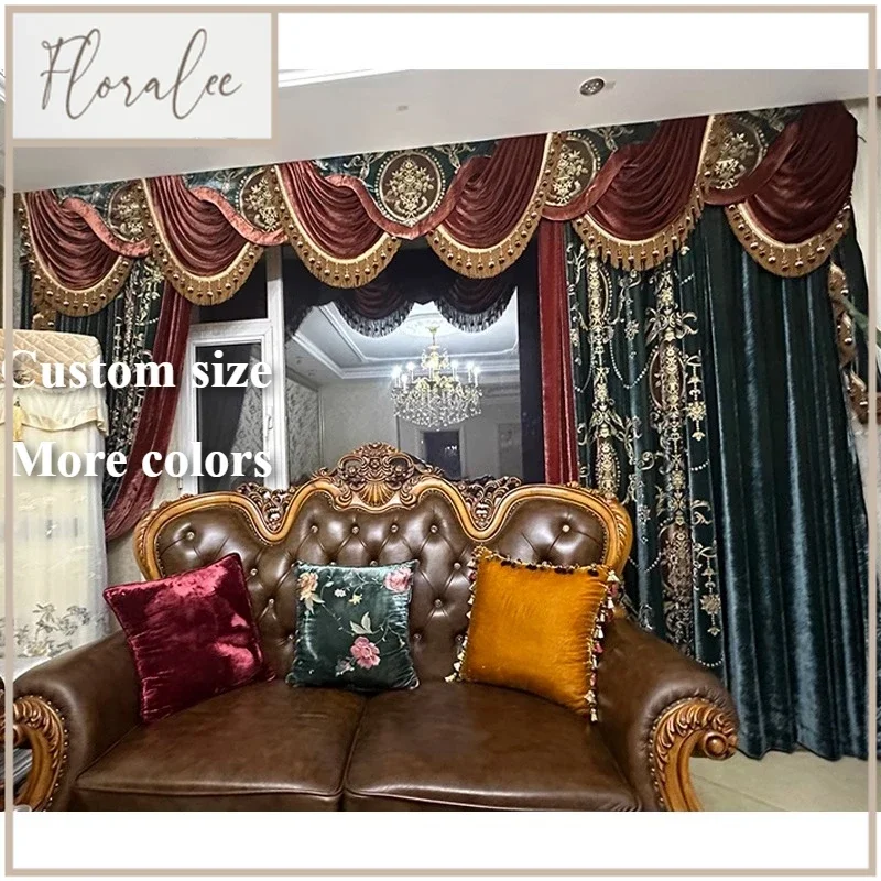 

European Luxury Palace Vintage Velvet Dark Green Blackout Curtains For Living Room Bedroom Dining Hall Custom Size Tulle Valance