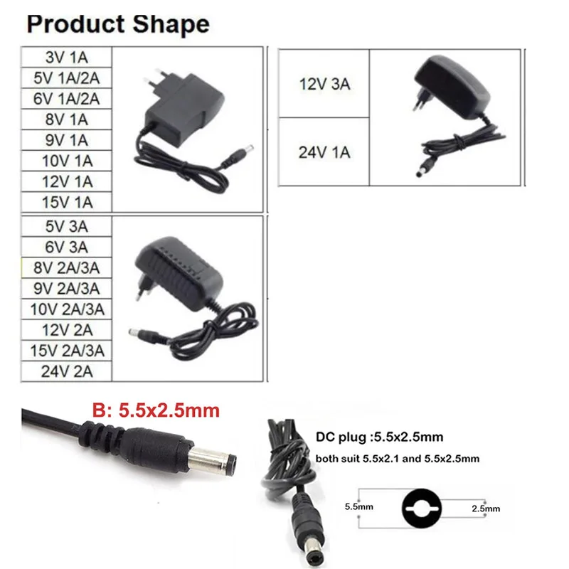 AC to DC 1A 2A 3V 5V 6V 8V 9V 10V 12V 15V 24V 1000ma 2000ma Power Supply wall charger Adapter US EU plug transformer For Strip