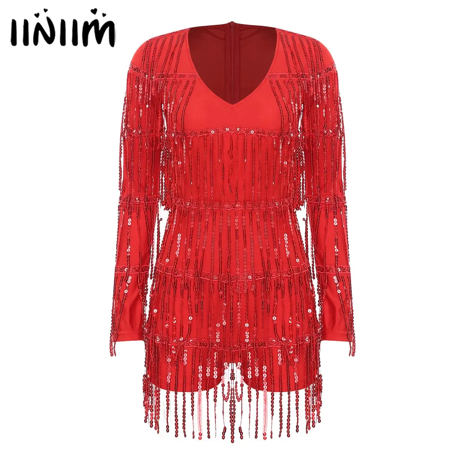 

Womens Glittery Fringe Rompers Bodysuit for Pole Dancing V Neck Long Sleeve Tiered Tassel Boy-shorts Bottom Jumpsuit Clubwear