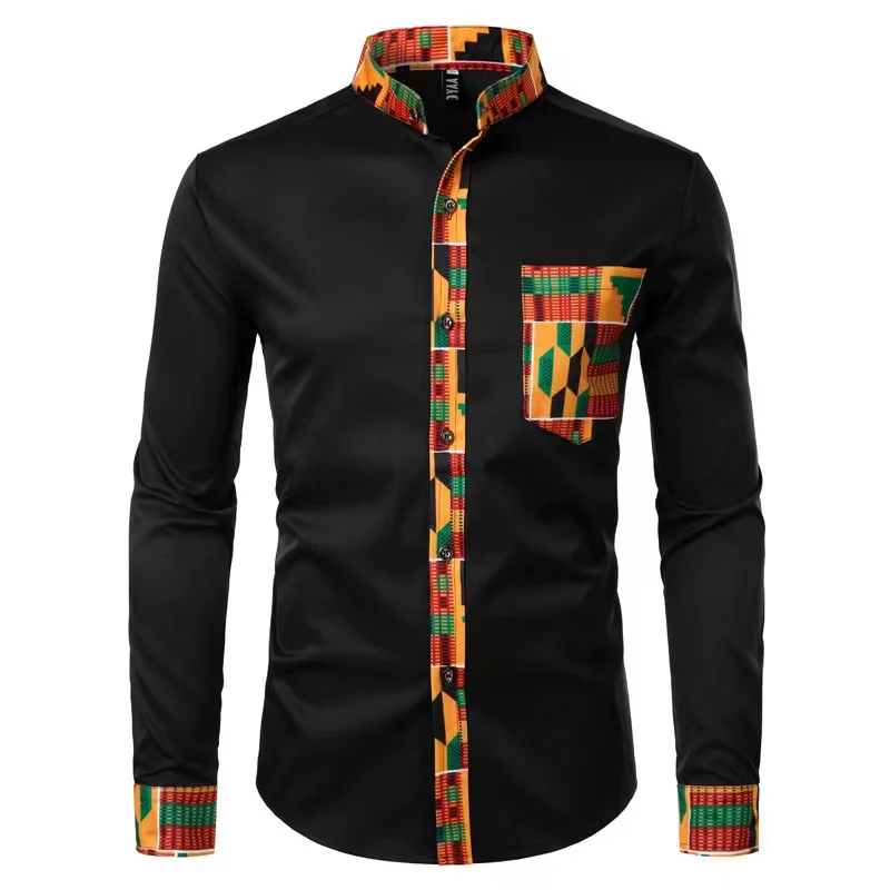 2024 African casual men\'s shirt stand collar digital printing long sleeve floral shirt men\'s cardigan top