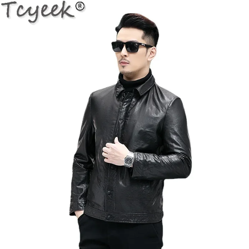 Tcyeek Genuine Leather Down Jacket Men Motocycle Jackets Oil Wax Cowhide Coat Man Slim Fit Autumn Winter Clothes Jaqueta Couro