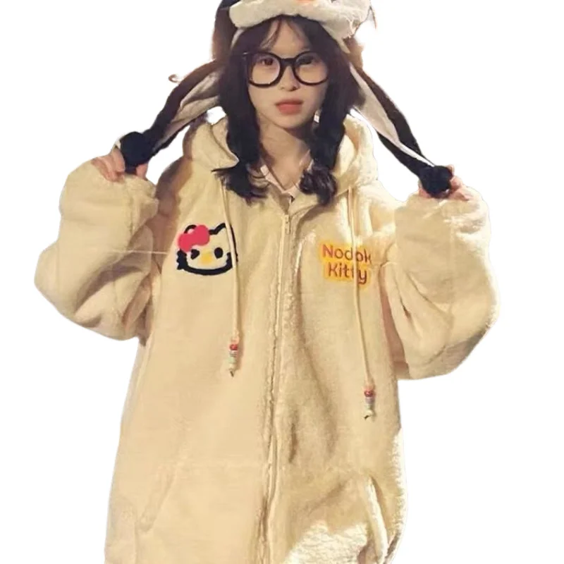 

Лидер продаж Kawaii Hello Kitty, хлопковое флисовое пальто с капюшоном и вышивкой ягненка, женская трендовая куртка на молнии, женская зимняя толстая теплая одежда, подарок