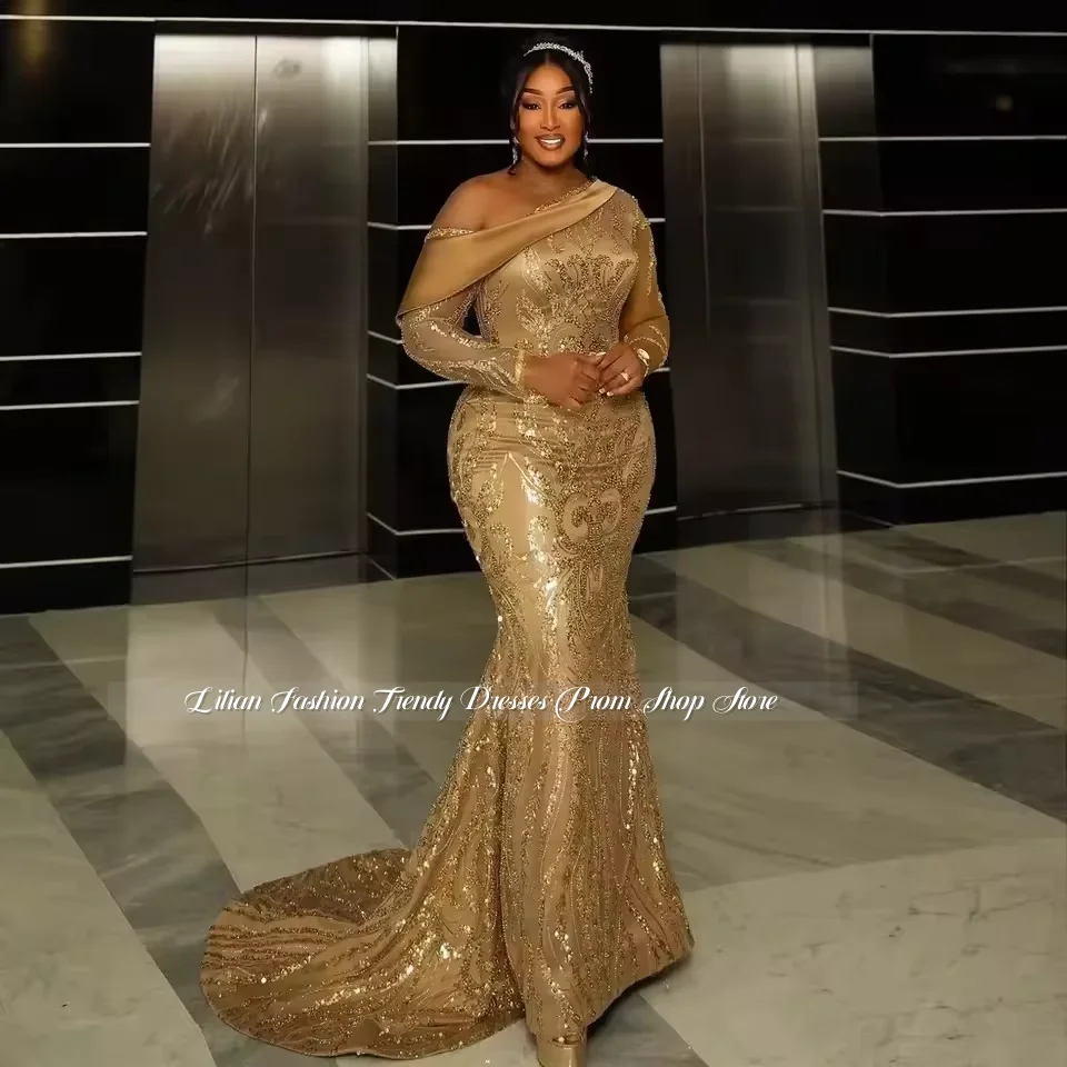 Gorgeous Gold Off-Shoulder Mermaid Evening Gown Customized Sparkling Sequin Long-Sleeve Mother-of-the-Bride Dress Banquet Gown