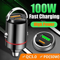 100W Dual Ports Mini USB Car Charger Super Fast Charging Aluminum Alloy Phone Charge Adapter Cigarette Socket Lighter 12-24V