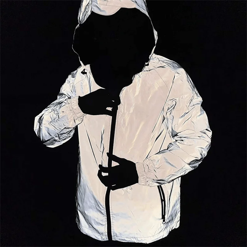 

Fashionable Reflective Jacket Men Night Cycling Fishing Outdoor Hooded Jacket Cool Hip-hop Running Street Party Couple Outfit