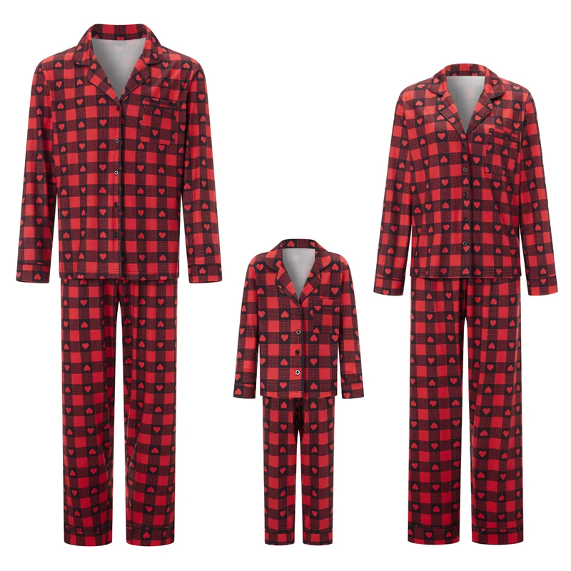 Family Matching Pajamas Set Valentine's Day Plaid Heart Print Holiday Pajamas Sleepwear Tops Pants Set