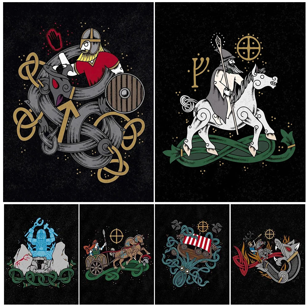 

Lone Warrior,Folk Heroes,Kraken,Feast,Abstract Wall Art Canvas Painting Viking Legends Folk Art Poster And Print Home Decoration