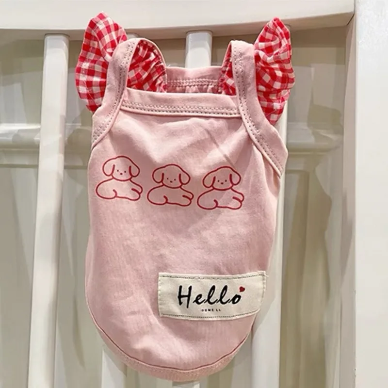 

Pink Plaid Trim Pet Clothes Dog Cat Summer Sling Teddy Breathable Vest Poodle Pretty Pullover Pet Supplies