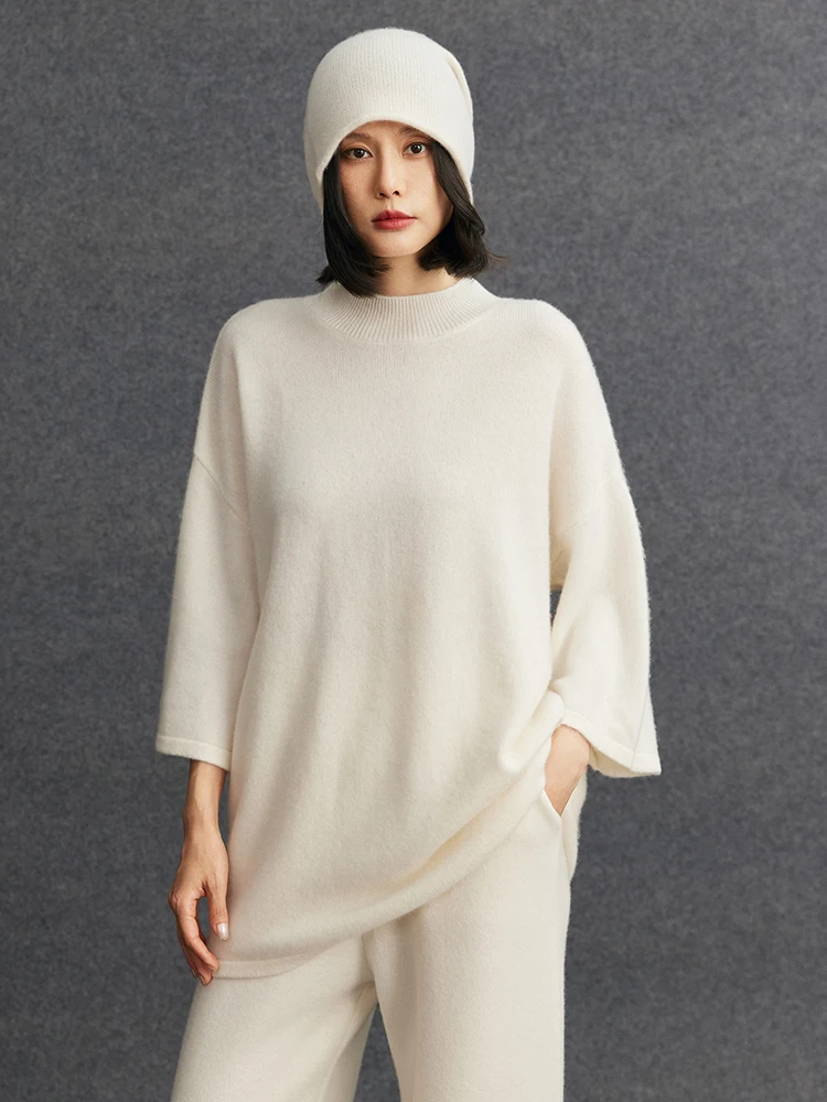 

TLOML Women 100% Cashmere T-shirt Mock Neck Half Sleeve Pullover Cashmere Knitwear Autumn Winter Loose Silhouett Soft Warm Tops