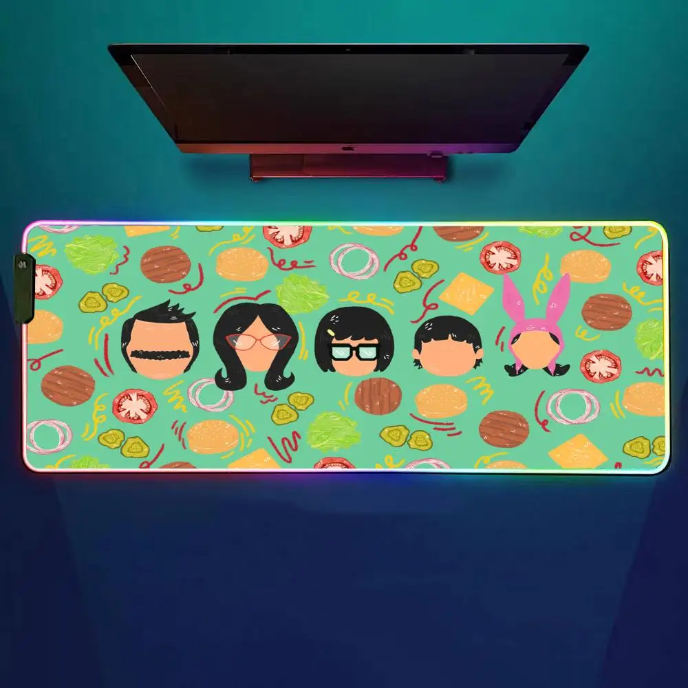 

Коврик для мыши с рисунком B-Bobs Burgers, игровой коврик для мыши RGB, настольный коврик HD Gamer, большой светодиодный светильник, коврики для мыши XXL