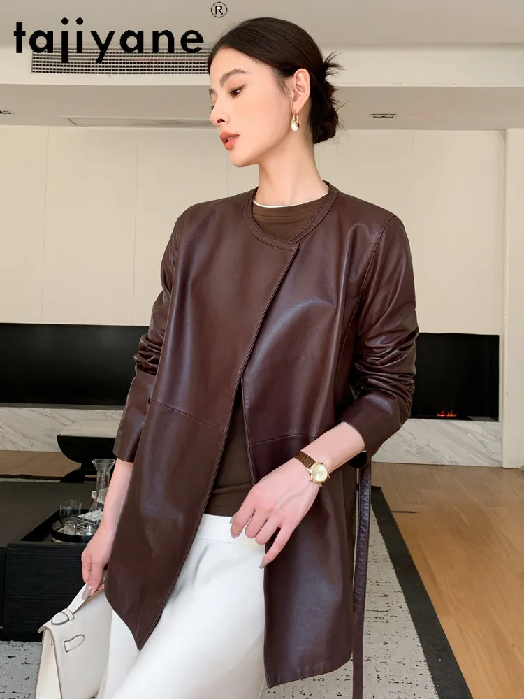 TAJIYANE Oil-Waxed Sheepskin Suit Trench Coat Women Vintage Mid‑Length O‑Neck Coat 2026 New Genuine Leather Jacket Woman Clothes