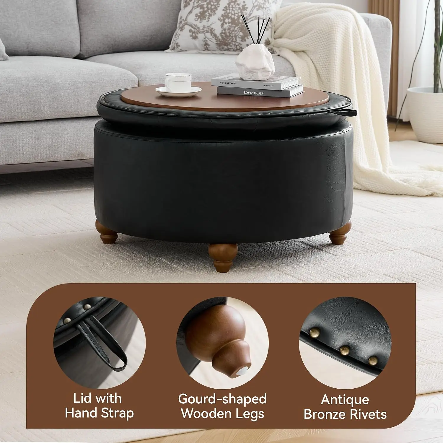 Round Storage Ottoman with Tray, Tufted Leather Coffee Table, Removable Top  & Bedroom, 30Inch Black, Customized