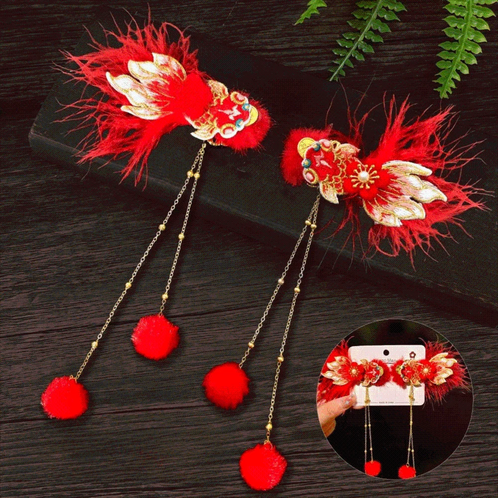 

1 Pair Chinese Style Hanfu Red Hair Clips Pearl Flower New Year Headwear Ancient Butterfly Bow Tassel Hairpin Children