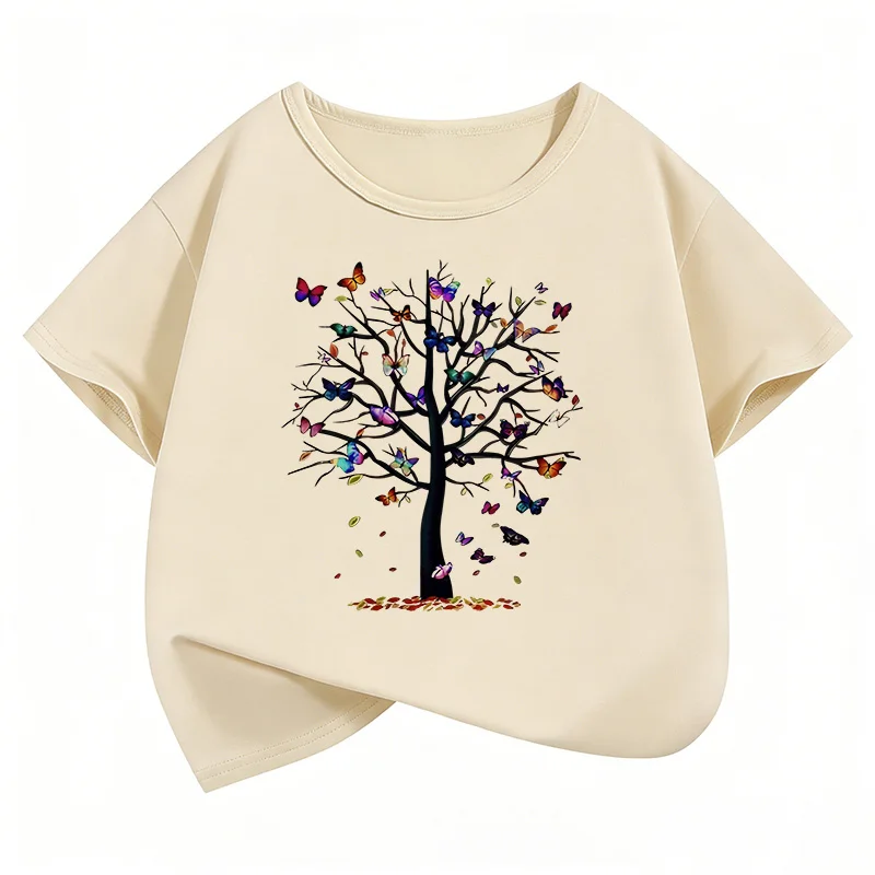 Vintage Butterfly with Tree Funny Design  Kids Children's T-shirt Short Sleeve Boys Girls Summer Spring Casual Top Tee Shirt
