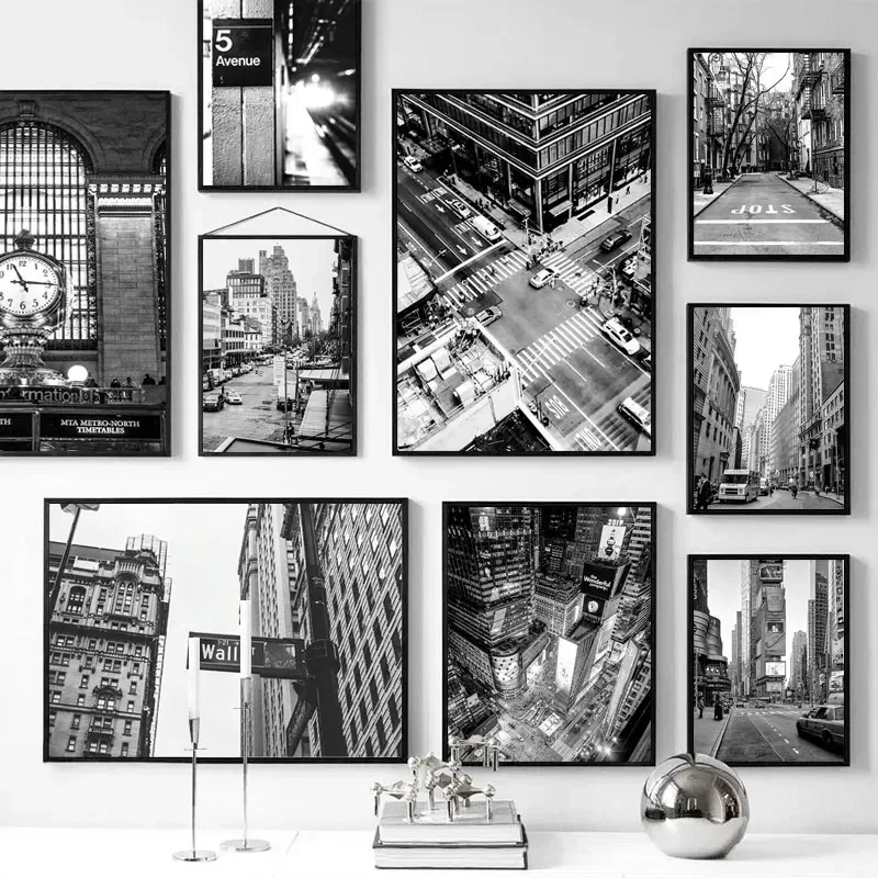 1pc frameless canvas painting  New York City Black  White Canvas Wall Art  Modern Living Room Decor  Urban Street Sign Buildin
