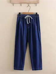 Calça jeans de cintura elástica feminina com laços, calça reta, bolso longo, plus size, primavera e outono