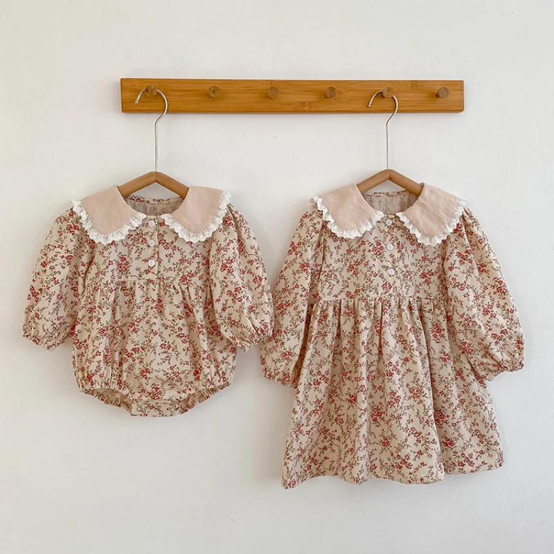 

Korean Children's Clothing Spring and Autumn New Baby Floral Romper Onesie Girl Doll Collar Girl Dress Sister Outfit