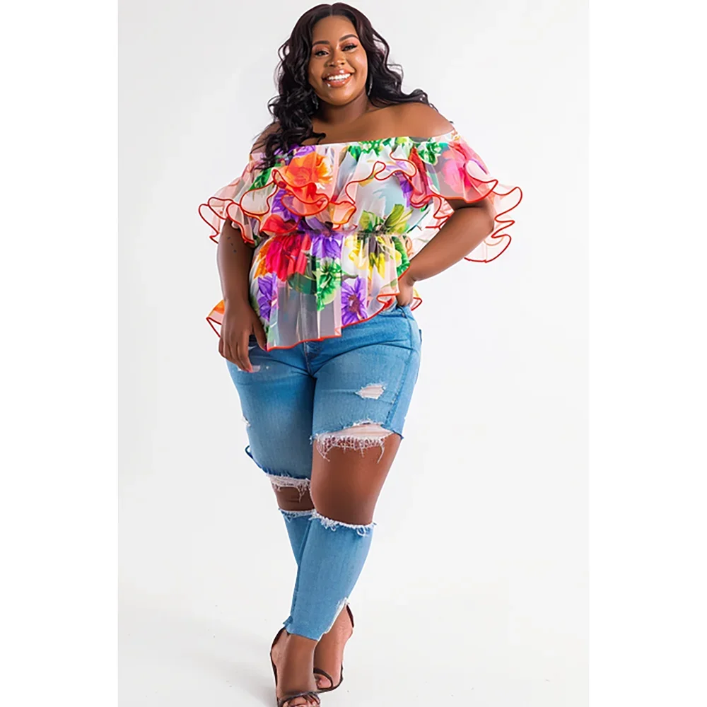 Floral multicolor fora dos tops do chiffon ombro, manga pétala, manga curta, ver através, plus size, férias