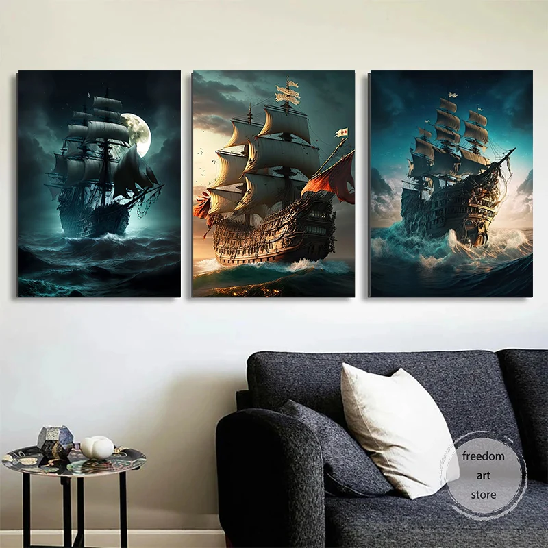 Retro Pirate Ship Landscape Sailling Boat on The Beach  Art Poster Canvas Painting Wall Print Picture for Living Room Home Decor