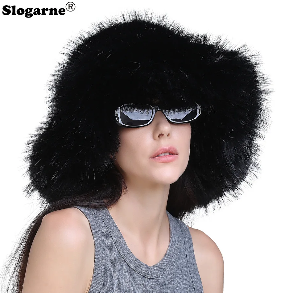 European American Big Brim Warm Fur Hats Women\'s Winter Y2k Fluffy Faux Raccoon Fur Bucket Hat Ladies Luxury Furry Snow Ski Caps