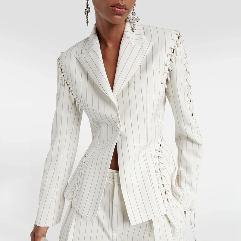 SuperAen 2024 Fashion New Heavy Industry High Waist Slim Stripe Blazer Jacket Coat for Women