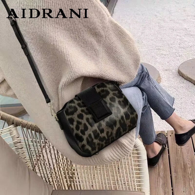 Aidrani   Fashionable leopard print single shoulder diagonal cross women's bag, round mini cowhide bag