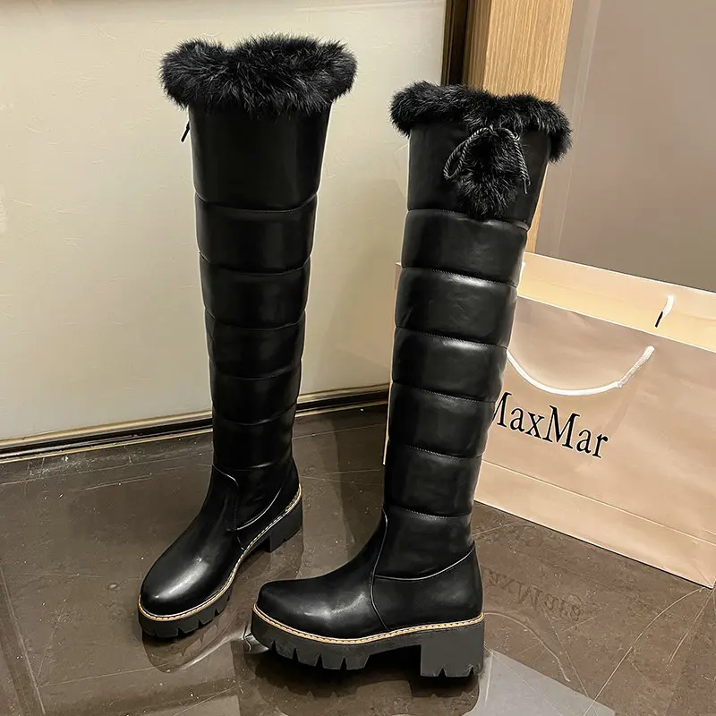 Waterproof Cold Winter Russia Female Warm Shoes Platform Chunky Heels Plush Over-the-knee Snow Boots With Real Rabbit Fur Pom