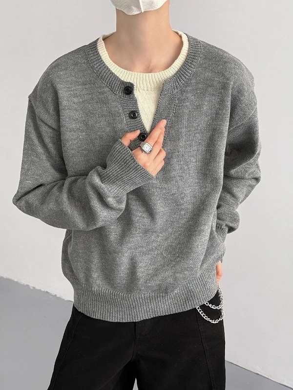 Loose Fit Knitted Sweater Fake Two-Piece Henry Collar Men's Autumn Winter New Sle Casual ey Sweater Korean Sle Faion