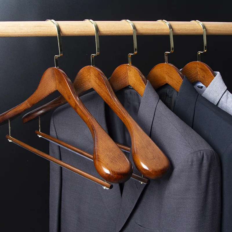 Multifunctional Coat Hanger Wooden Retro Wide Shoulder Flocking Rod Clothes Drying Support Bedroom Closet Wardrobes Organizer