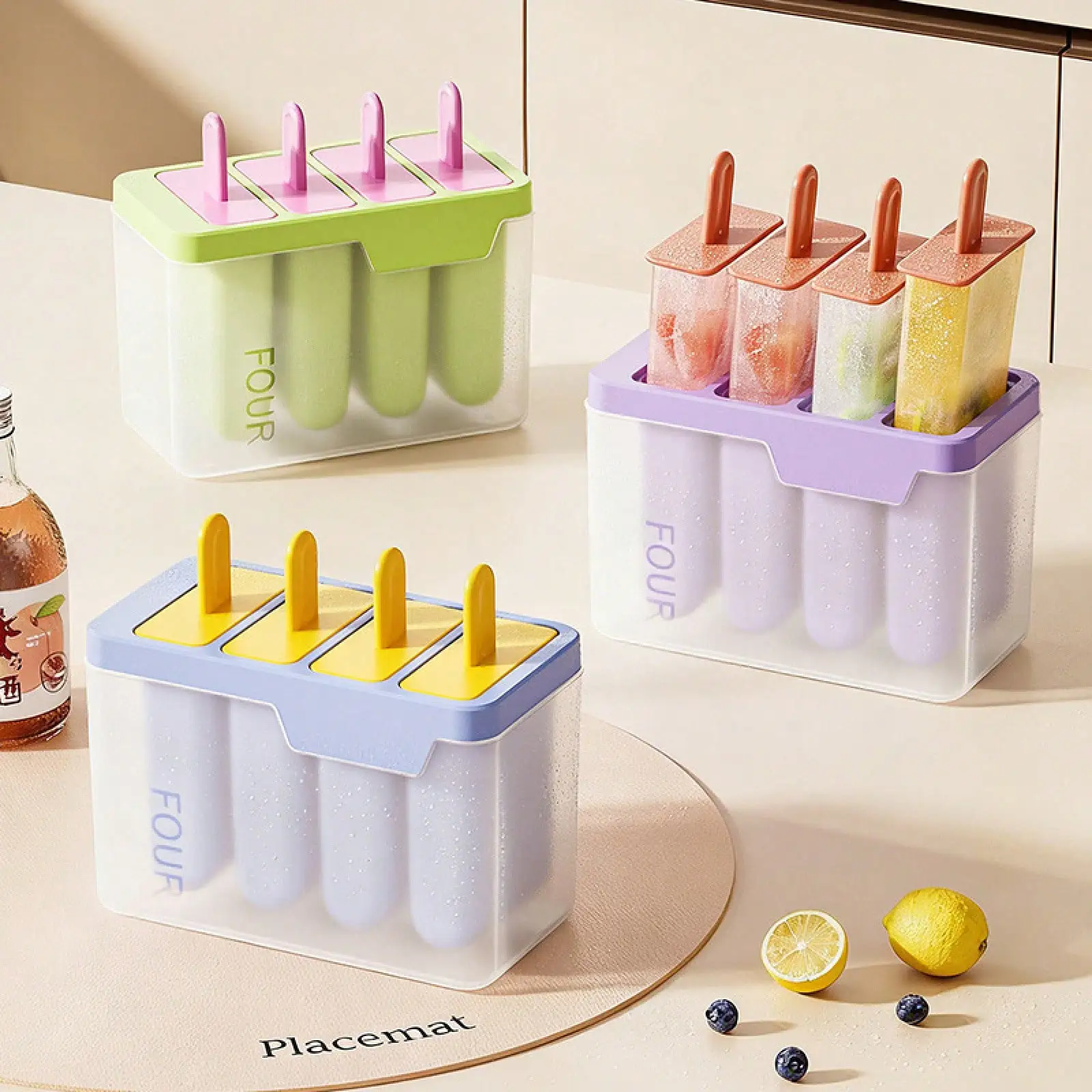 

2-Piece 4-Cavity Popsicle Mold Set, Ice Cream Maker. It Features An Easy-Release Design And Comes In Three Colors. Suitable For Home DIY Ice Cream And Homemade Fruit Popsicles.