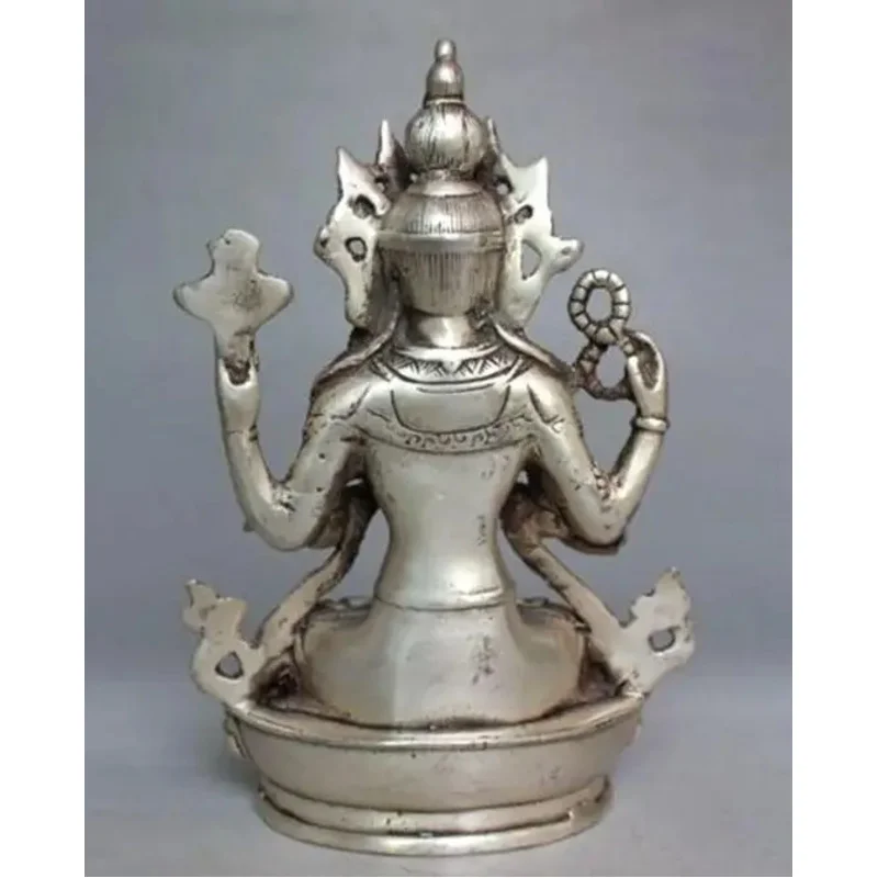 Copper Statue Tibet Buddhism Silver Bodhisattva Four-armed Avalokiteshvara Buddha Statue 14cm height