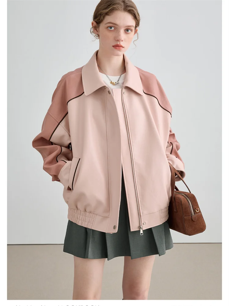 MOLAN Pink Elegant Woman Leather Jacket Sweet Fashion Lapel Pockets New Jacket Biker Ladies Atumn PU Coat